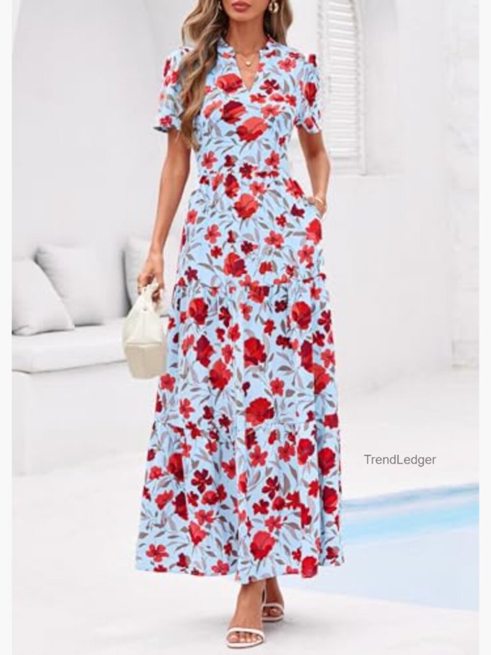 Floral Maxi Dress V Neck Short Sleeve A Line Flowy Boho Long Dress with Pockets - Picture 6 of 7